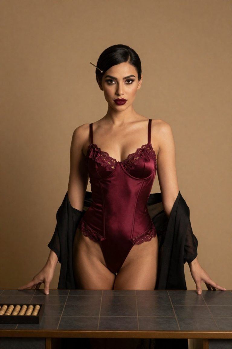 JiujiuOne muse in a wine-red satin corset with gold lace at the double-nine desk